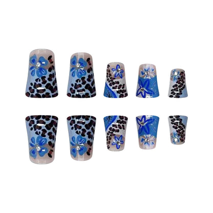 Summer Wave French Leopard Duckbill Nail Tips with 3D Rhinestones