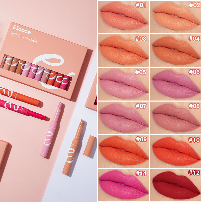 12-Color Velvet Matte Lipstick Set, Long-Lasting and Hydrating-homeunderwear