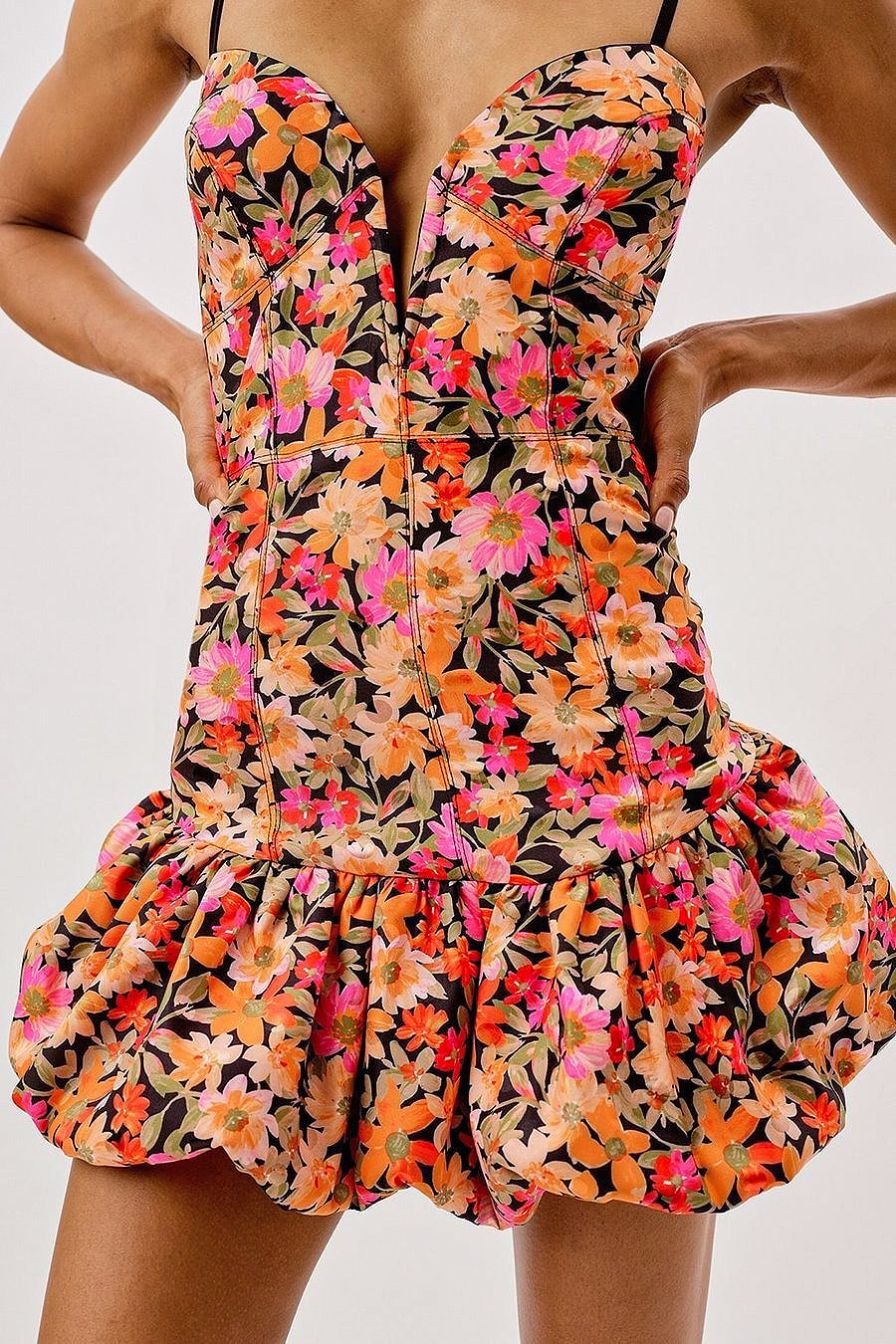 Free Shipping For Florals Print V-neck Puffy Ruffle Mini Dress