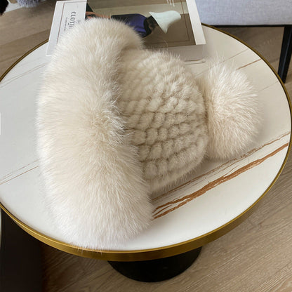 Luxury Mink Fur Hat with Big Fox Pom Pom