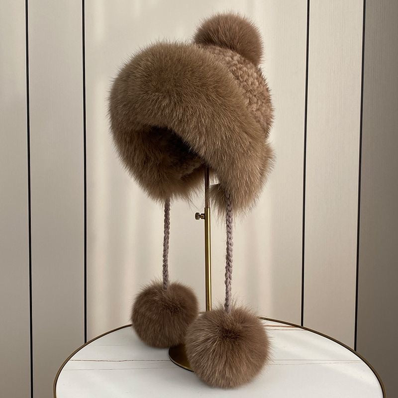 Winter Women's Mink Fur Hat with Fox Pom Pom - Stylish & Warm