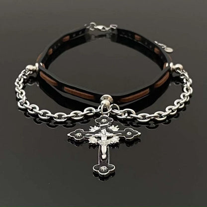 Dark Cross Leather Cord Choker