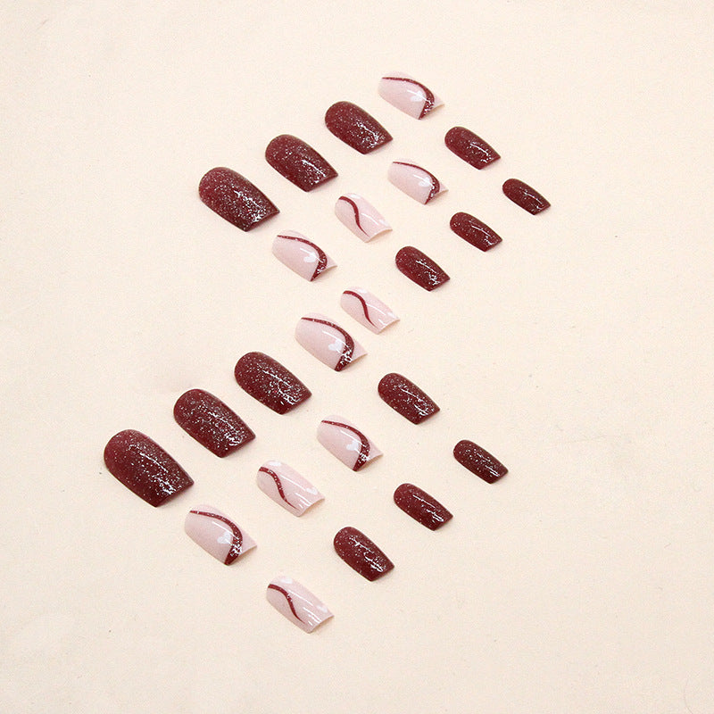 Square Flashy Cherry Red Ins Nails Wine Ripple Heart Wearable Nails Wholesale