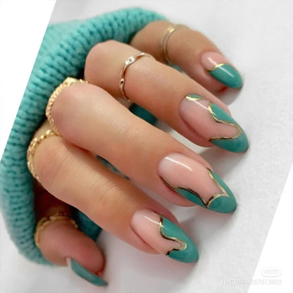 Mint Green Nail Tips with Gold Wave Design