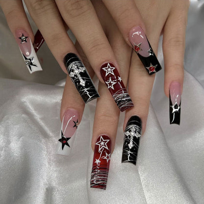 European Long Coffin Irregular Line French Gradient Star Fake Nails