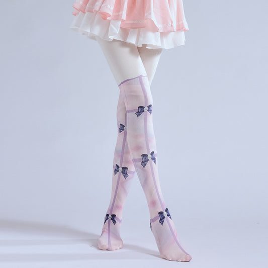 Cute Lolita Fake Two-piece Printed Bow Fake Tall Leggings Pantyhose