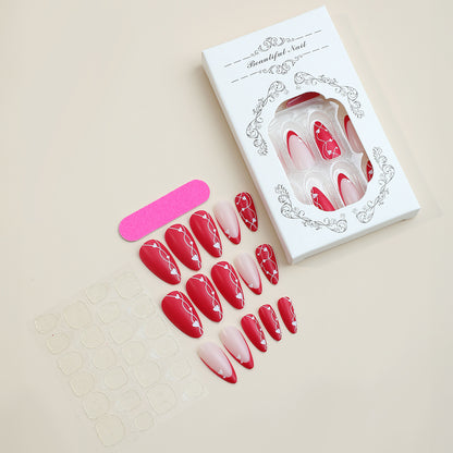 Almond Shape Red French Heart Nail Tips