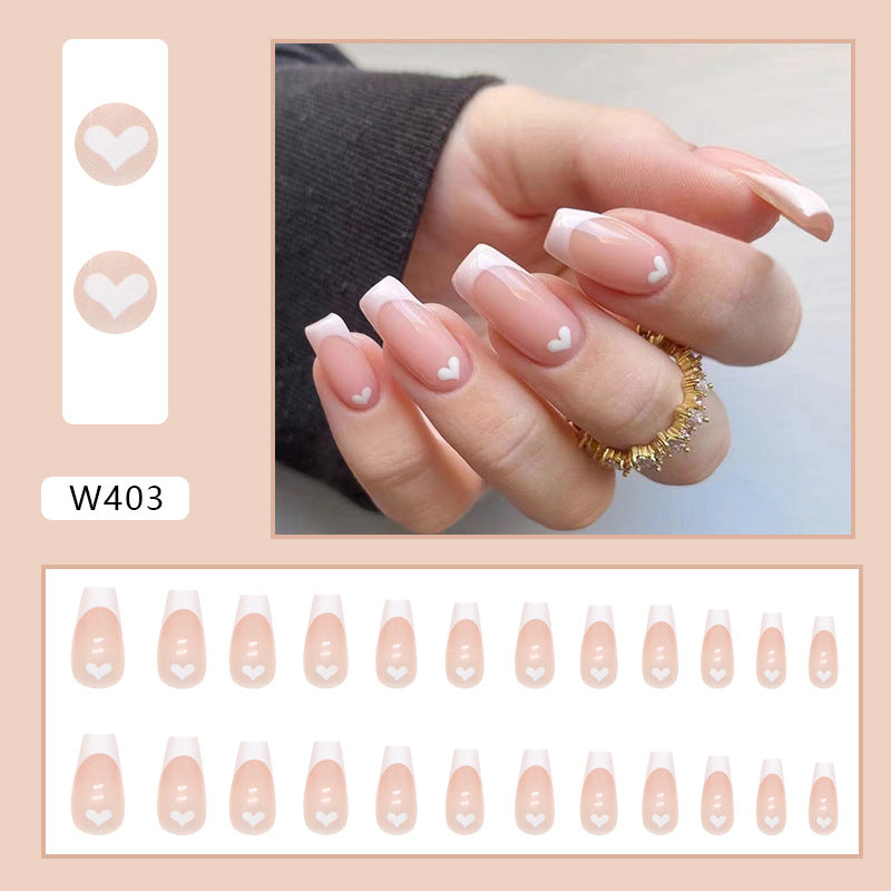 Mid-Length White French Heart Fall Nails, 24-Piece Set