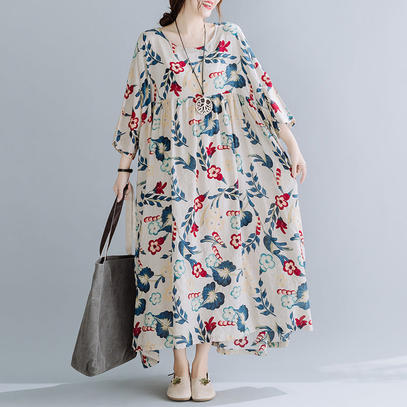 Artsy Loose-fitting Floral Print Swing Dress