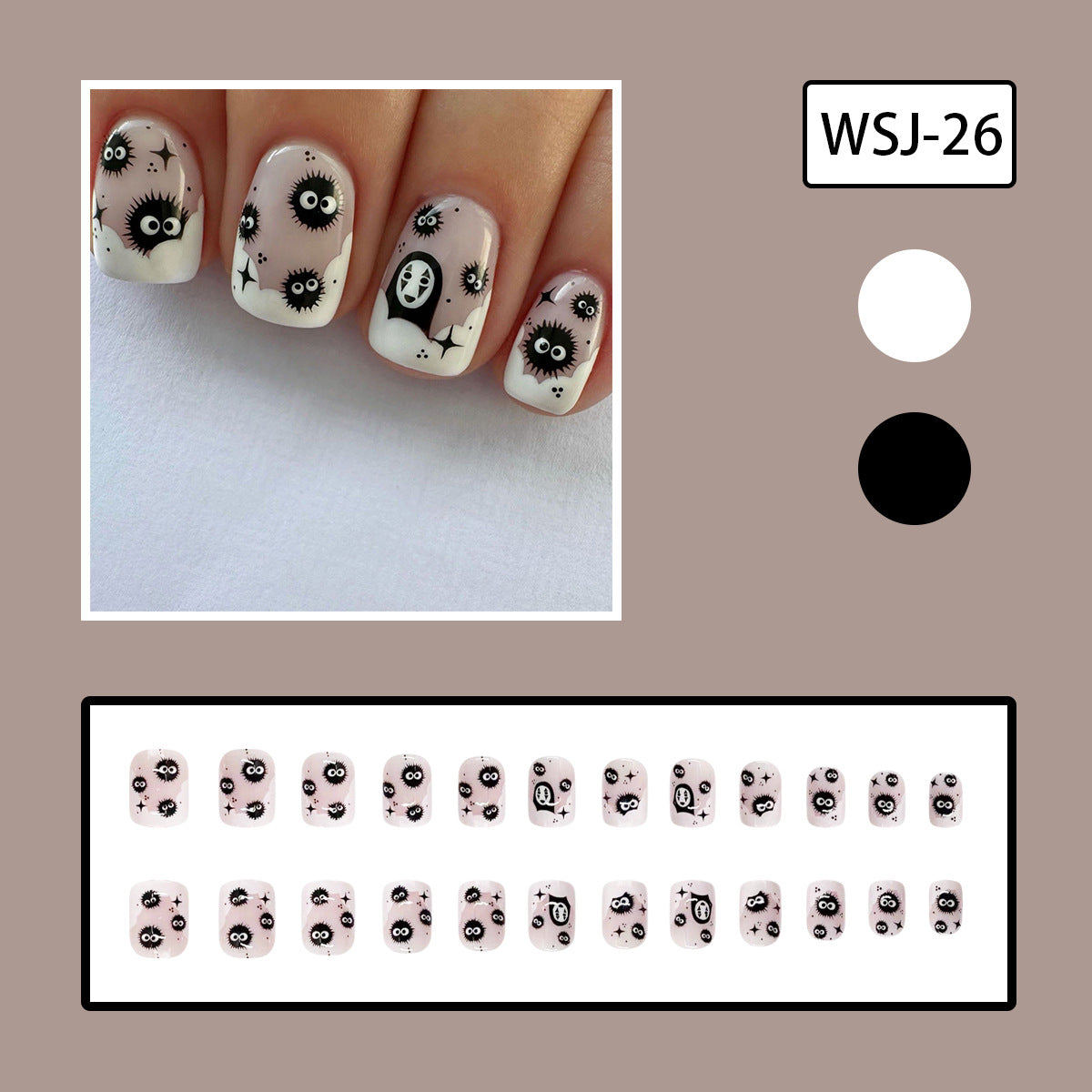 New Halloween Short Square No-Face Coal Black Wave French Nail Tips