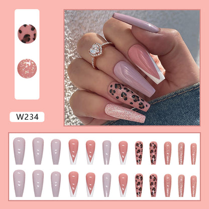 Taro Milk Long Wearable Nails Simple French Leopard Print with Glitter-homeunderwear