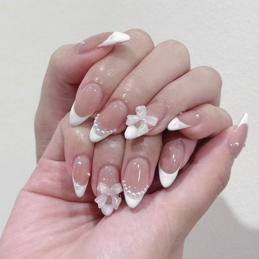 Almond White French Tip Pearl Bow Removable Nail Stickers