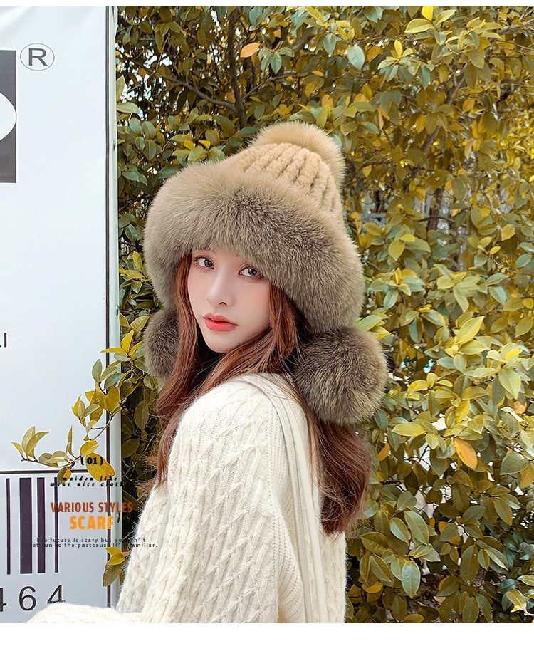 Cute Fox Fur Pom Pom Hat - Women's Winter Ear Flap Hat