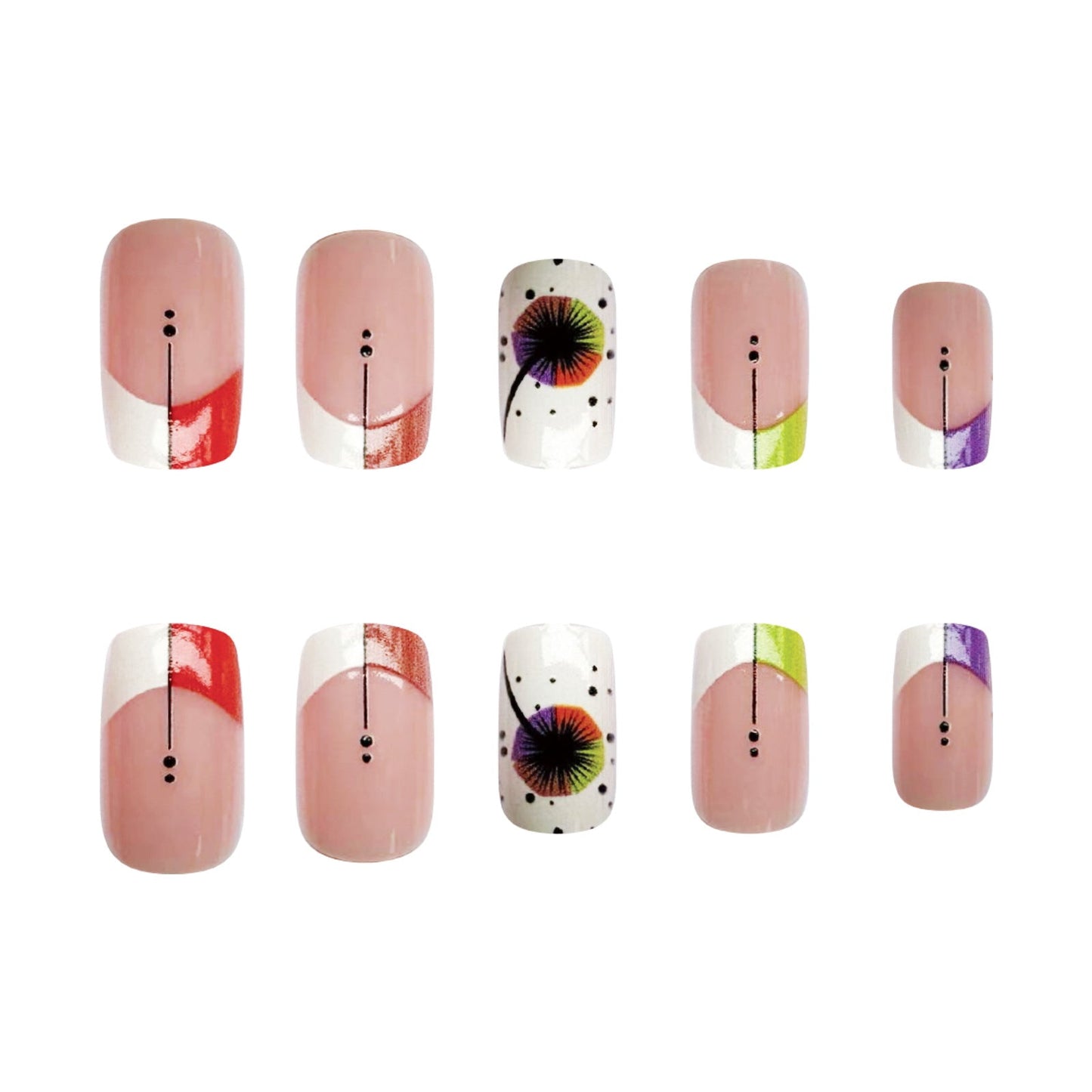 White Color Block French Square Nails with Fireworks and Polka Dots