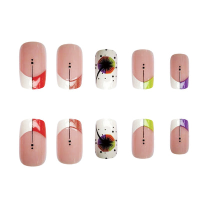 White Color Block French Square Nails with Fireworks and Polka Dots