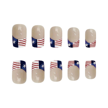 Independence Day French Short Square Nails with American Flag Design