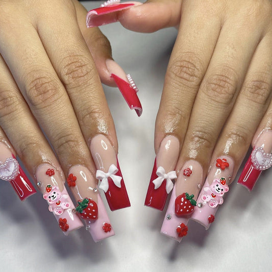 Long Stiletto Red French Cartoon Bear Heart Flower Bow Nails