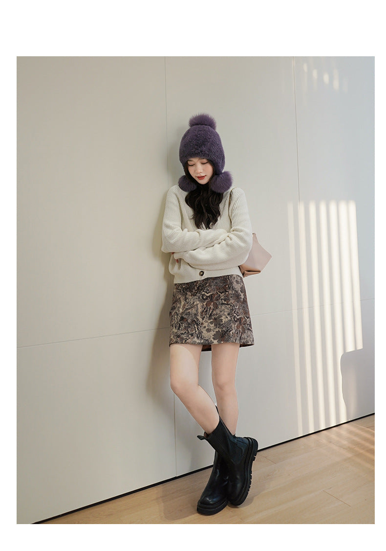 Warm Mink Fur Hat with Fox Fur Pom Pom - Winter Accessory