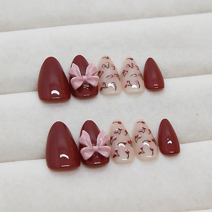 Sweet Lychee Bow Nail Stickers, Removable, Almond Shape