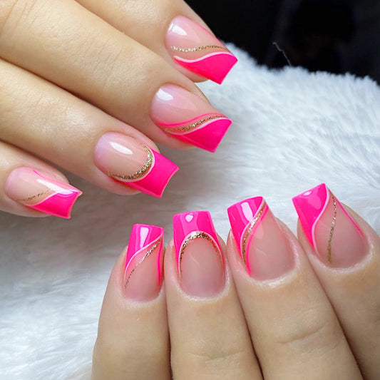 Glitter Line Rose Pink French Edge Short Square Fake Nails