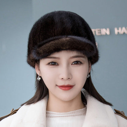 Warm Mink Fur Hat - Fox Pom Pom Baseball Cap