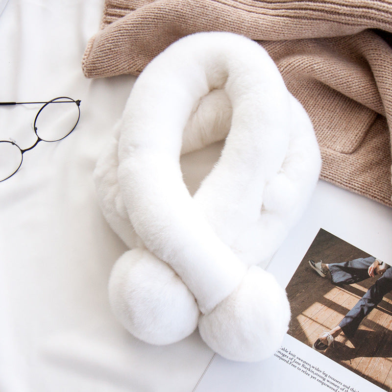 Cute Real Rabbit Fur Scarf with Pom Poms