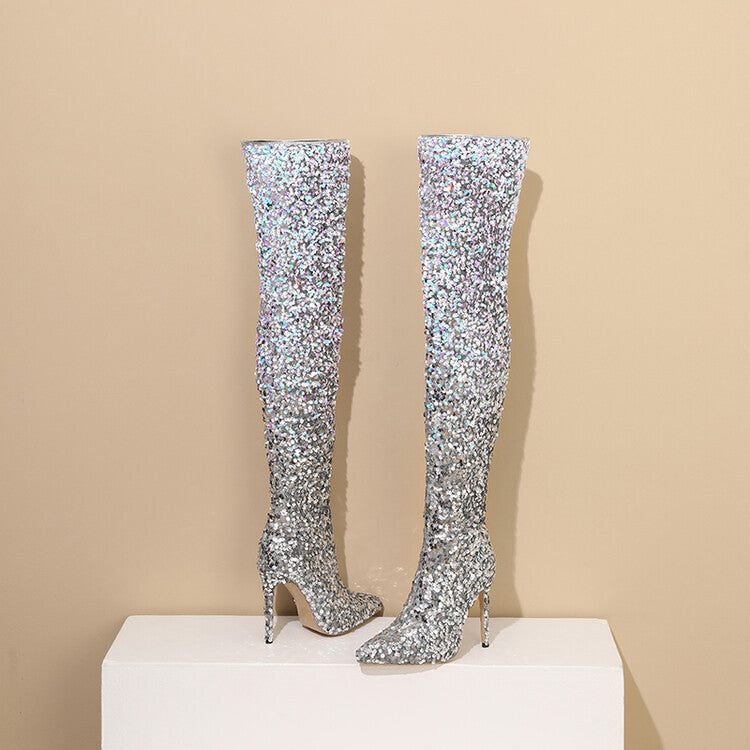 Gradient Sequin Side Zip Over-the-Knee Boots-Homeunderwear