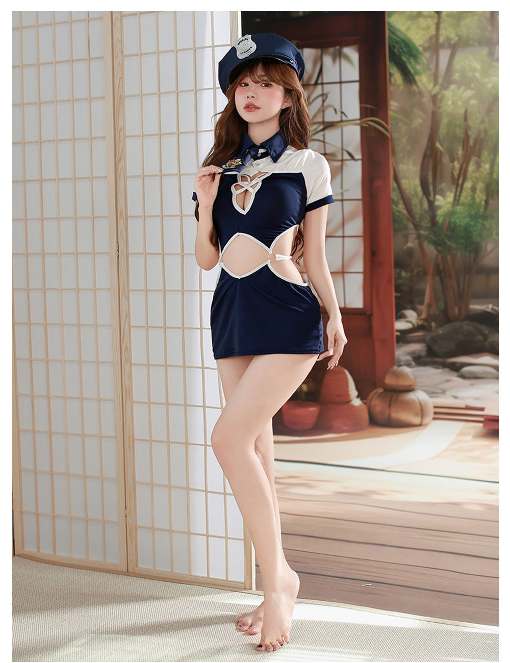 Sexy Stewardess Strap-on Dress Navy Suit Cosplay Lingerie