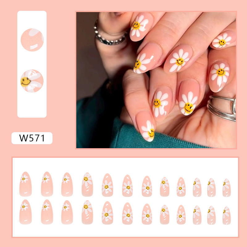 Almond Shape Cute Sunflower Pink Fall Nails 24-Piece Box