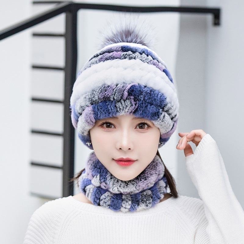 Warm Real Rabbit Fur Ear Flap Hat & Scarf Set