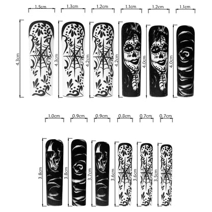 Extra Long Black and White Ombre Nails with Skulls and Flowers