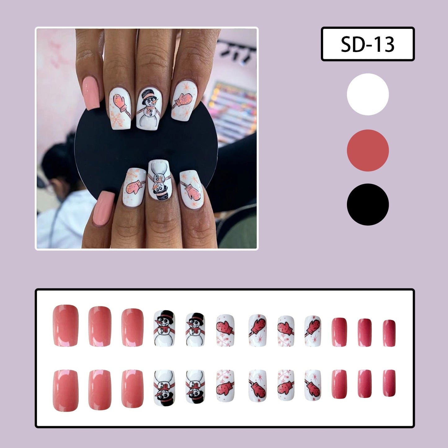 Winter Sweet Pink Short Square Nails with Snowmen and Snowflakes