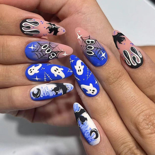 Halloween Almond Matte Nails with Ghost Bat Spider Web Design