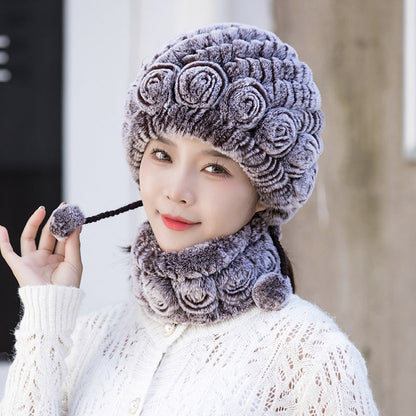 Warm Real Rabbit Fur Ear Flap Hat & Scarf Set