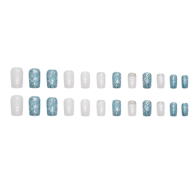 Square Aurora White Nails, Sparkling Blue Diamonds