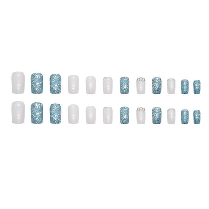 Square Aurora White Nails, Sparkling Blue Diamonds