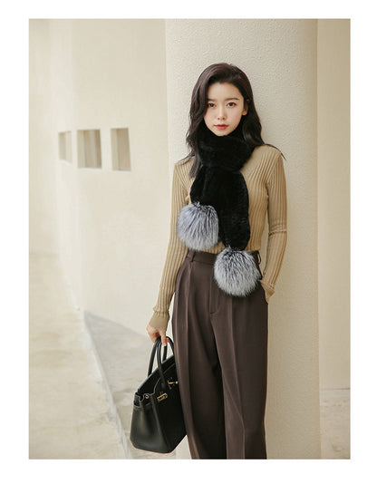 Long Hand-Knitted Real Rabbit Fur Winter Scarf