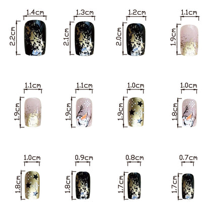 Winter Pearl Gold Short Square Nails with Snowflakes and Stars