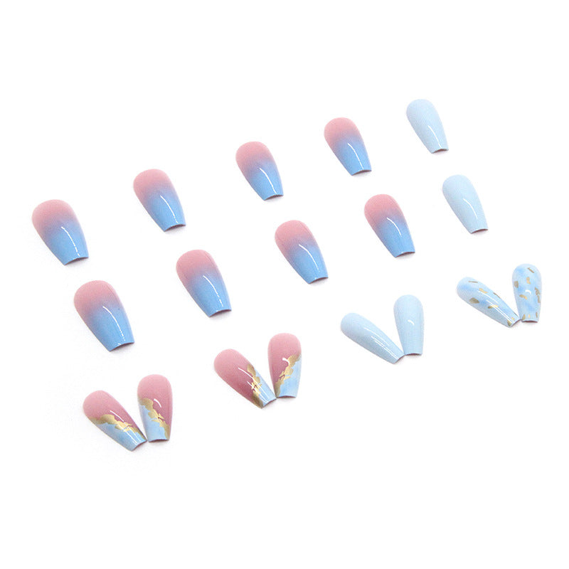 Blue Ombre Mid-Length Cross-Border Fake Nails with Gold Foil Flakes-homeunderwear