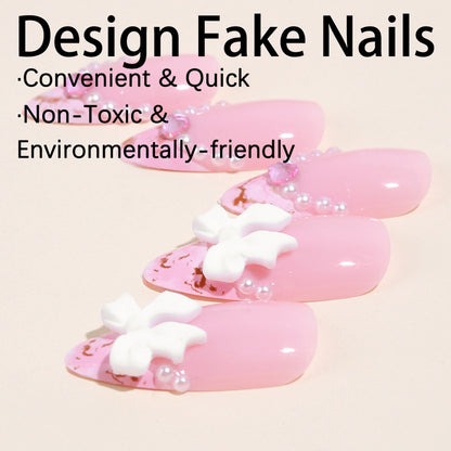 Almond Shaped Nails with Ombre Pearl and Bow Design