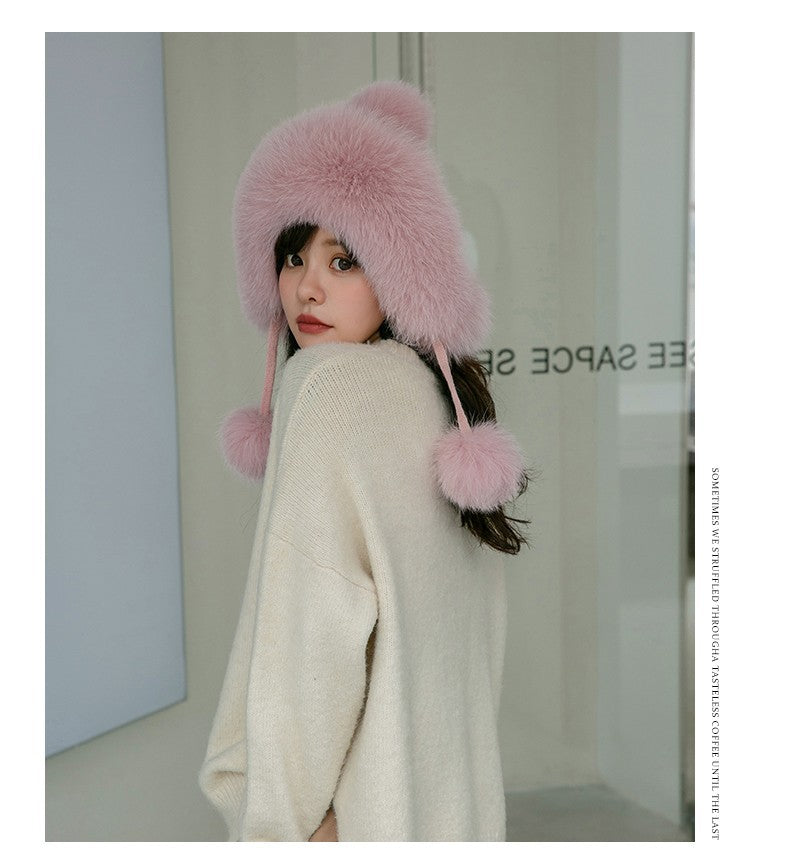 Winter Fox Fur Lined Beanie - Cozy & Cute Earflap Hat