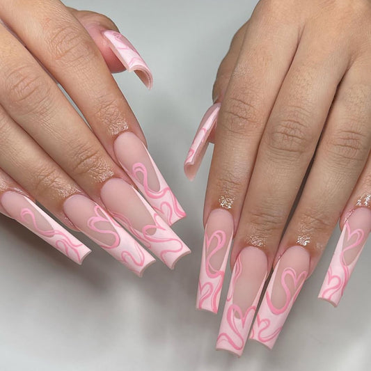 Long French Line Pink Heart Nail Extensions