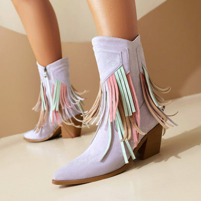 Embroidered Suede Ankle Tassel Accents and Contrast Colors Boots-Homeunderwear