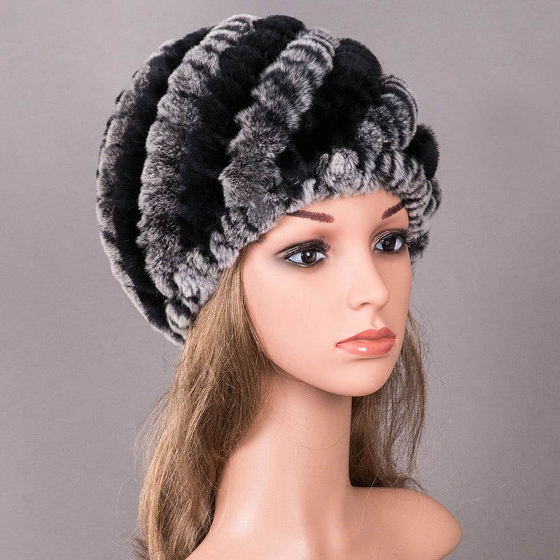 Real Rabbit Fur Knit Winter Hat - Warm Earmuffs Included"