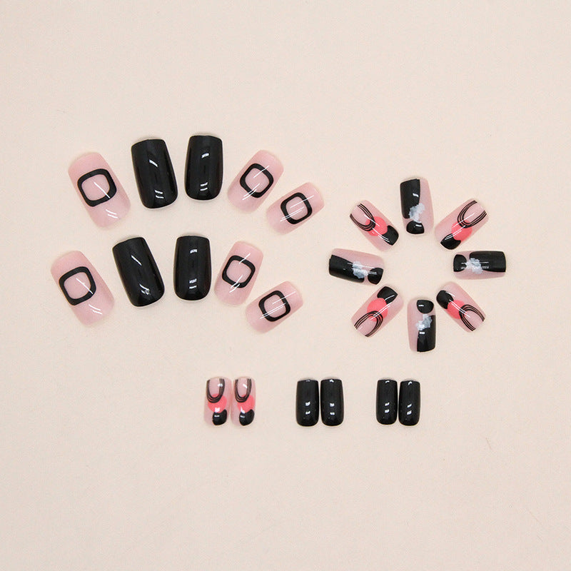 Mid-Length Square Sweet-Cool Solid Nails, Irregular Black Lines