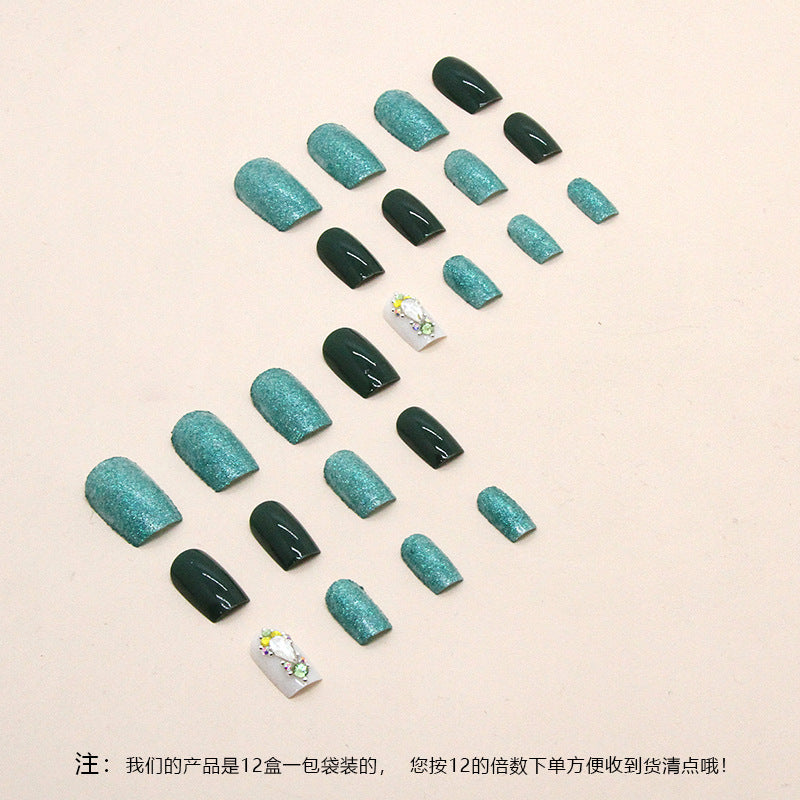 Spring Summer Flashy Fresh Green Diamond Nails, Medium Length Square-Homeunderwear