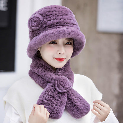 Warm Real Rabbit Fur Hat & Scarf Set - Ear Flap Design