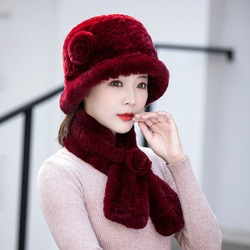 Warm Real Rabbit Fur Hat & Scarf Set - Ear Flap Design