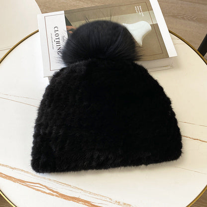 Women's Striped Fur Blend Hat with Real Rabbit Fur Pom Pom