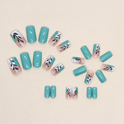 Summer Fresh Mid-Length Nails, Lake Blue with Leaf Design-Homeunderwear